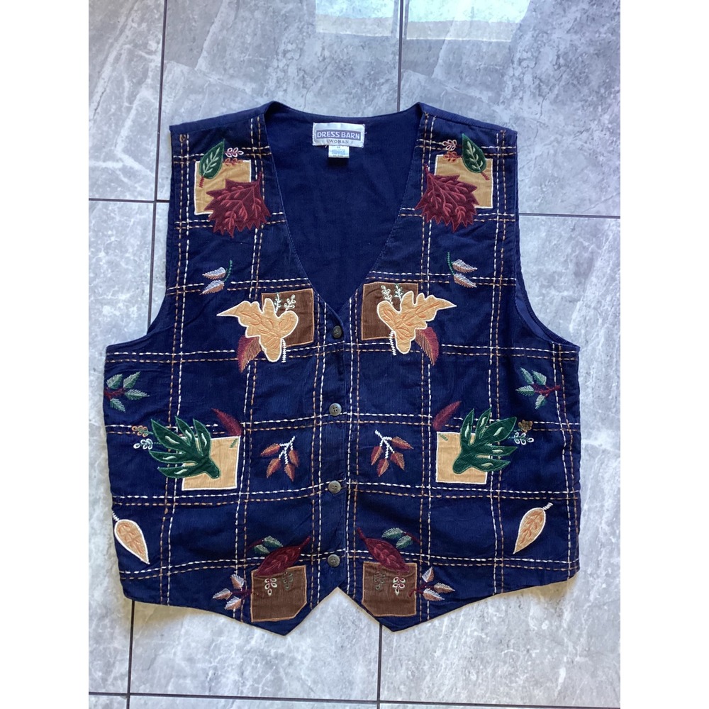 Dress Barn Vintage Woman Navy Blue Corduroy Autumn Leaf Embroidered Vest  1X